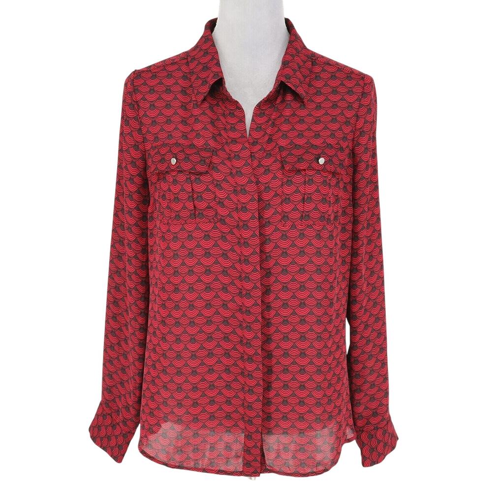 WHBM Top Womens 8 Red Black Scallop Blouse Semi Sheer Front Pockets Buttons